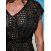 CUPSHE Women Crochet Swim Coverups Short Sleeve Drawstring Beach Coverups Dress(Black)