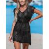 CUPSHE Women Crochet Swim Coverups Short Sleeve Drawstring Beach Coverups Dress(Black)