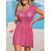 CUPSHE Women Crochet Swim Coverups Short Sleeve Drawstring Beach Coverups Dress(Hot Pink)