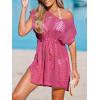 CUPSHE Women Crochet Swim Coverups Short Sleeve Drawstring Beach Coverups Dress(Hot Pink)