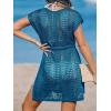 CUPSHE Women Crochet Swim Coverups Short Sleeve Drawstring Beach Coverups Dress(Navy)