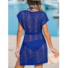 CUPSHE Women Crochet Swim Coverups Short Sleeve Drawstring Beach Coverups Dress(Royal Blue)