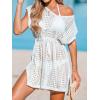 CUPSHE Women Crochet Swim Coverups Short Sleeve Drawstring Beach Coverups Dress(White)