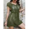 CUPSHE Women Crochet Swim Coverups Short Sleeve Drawstring Beach Coverups Dress(Yellow-green)