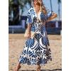 CUPSHE Women Summer Dresses Tassel Tie Front V Neck Batwing Sleeve Smocked Flowy Hawaiian Casual Maxi Dress(Blue)