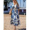 CUPSHE Women Summer Dresses Tassel Tie Front V Neck Batwing Sleeve Smocked Flowy Hawaiian Casual Maxi Dress(Blue)