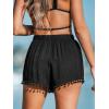 CUPSHE Women Swim Cover Up Shorts High Rise Tassel Beach Coverups Shorts for Swimwear(Black)