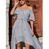 CUPSHE Women’s Summer Dresses Striped Off Shoulder Tie Waist Short Sleeve Ruffle Beach Vacation Flowy Maxi Dress(Grey)