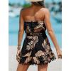CUPSHE Women’s Swimsuit Coverup Strapless Tube Dress Smocked Pom Pom Casual Beach Sundress(Black Leaf)