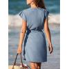 Cupseh Women’s Denim Dress Crewneck Button Down Belted Tie Waist Ruffle Sleeves Mini Dress with Pockets(Blue)