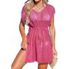CUPSHE Women Crochet Swim Coverups Short Sleeve Drawstring Beach Coverups Dress(Hot Pink)