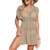 CUPSHE Women Crochet Swim Coverups Short Sleeve Drawstring Beach Coverups Dress(Khaki)