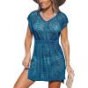 CUPSHE Women Crochet Swim Coverups Short Sleeve Drawstring Beach Coverups Dress(Navy)
