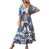 CUPSHE Women Summer Dresses Tassel Tie Front V Neck Batwing Sleeve Smocked Flowy Hawaiian Casual Maxi Dress(Blue)