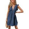 CUPSHE Women’s Denim Summer Dresses Cotton Plunging V Neck Casual Sundress Ruffle Sleeves Mini Dress(Denim Blue)