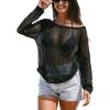 CUPSHE Women’s Summer Crochet Swimsuit Cover Up Long Sleeve Cutout Beach Coverup Tunic Sweater Tops(Black)