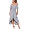 CUPSHE Women’s Summer Dresses Striped Off Shoulder Tie Waist Short Sleeve Ruffle Beach Vacation Flowy Maxi Dress(Grey)