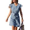 Cupseh Women’s Denim Dress Crewneck Button Down Belted Tie Waist Ruffle Sleeves Mini Dress with Pockets(Blue)