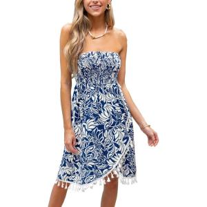 CUPSHE Women Strapless Tube Swimsuit Coverup Smocked Beach Cover Up Dress Green(Blue White Floral)
