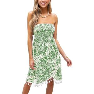 CUPSHE Women Strapless Tube Swimsuit Coverup Smocked Beach Cover Up Dress Green(Green White Floral)