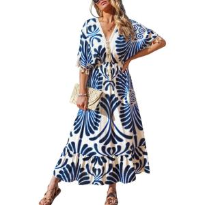 CUPSHE Women Summer Dresses Tassel Tie Front V Neck Batwing Sleeve Smocked Flowy Hawaiian Casual Maxi Dress(Blue)