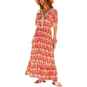 CUPSHE Women Summer Dresses Tassel Tie Front V Neck Batwing Sleeve Smocked Flowy Hawaiian Casual Maxi Dress(Red)