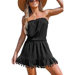 CUPSHE Women’s Swimsuit Coverup Strapless Tube Dress Smocked Pom Pom Casual Beach Sundress(Black)