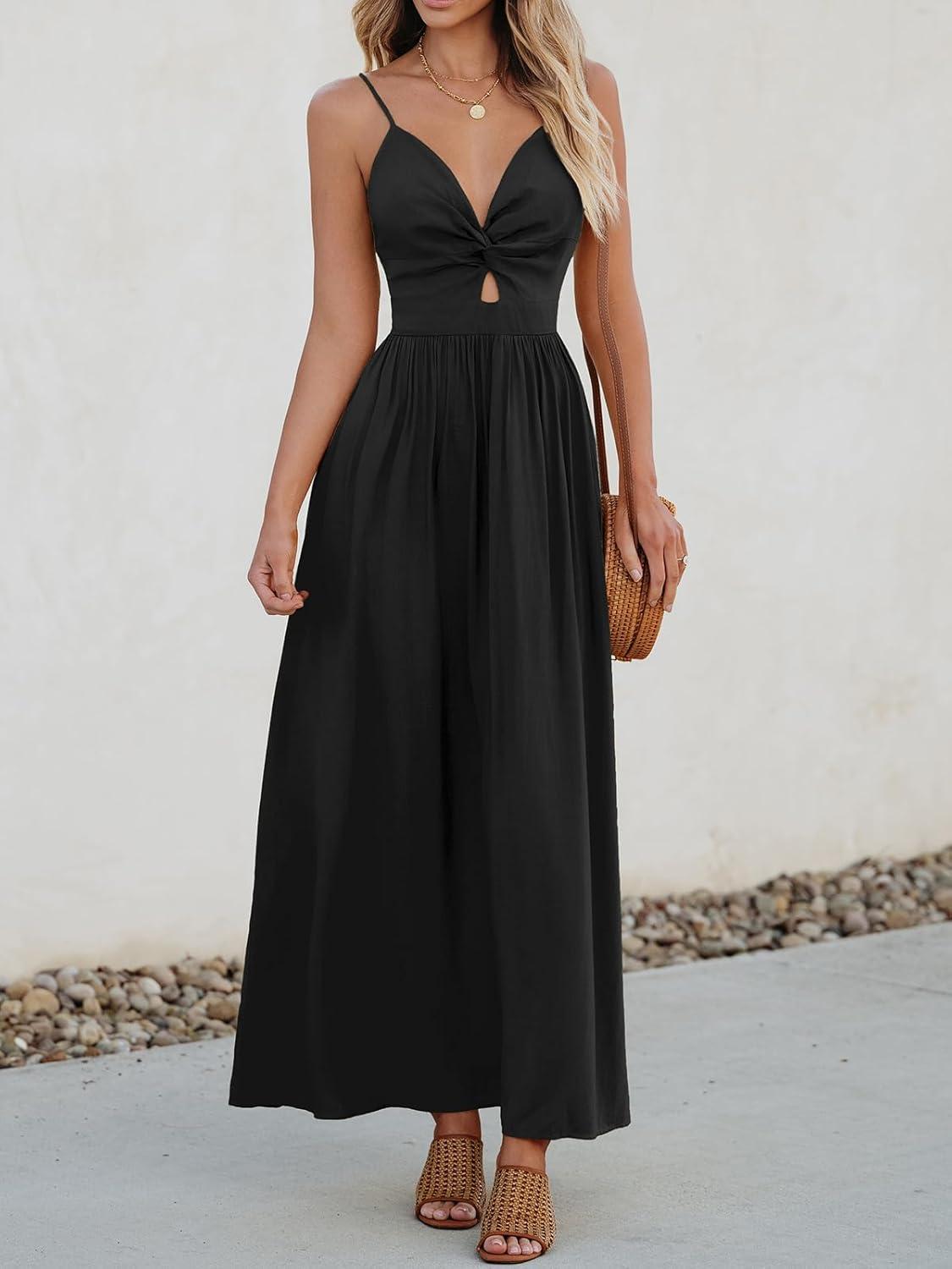 imageCUPSHE Women Casual Dress Beach Sleeveless V Neck Summer Cutout Spaghetti Straps Formal Maxi Sun DressesBlack