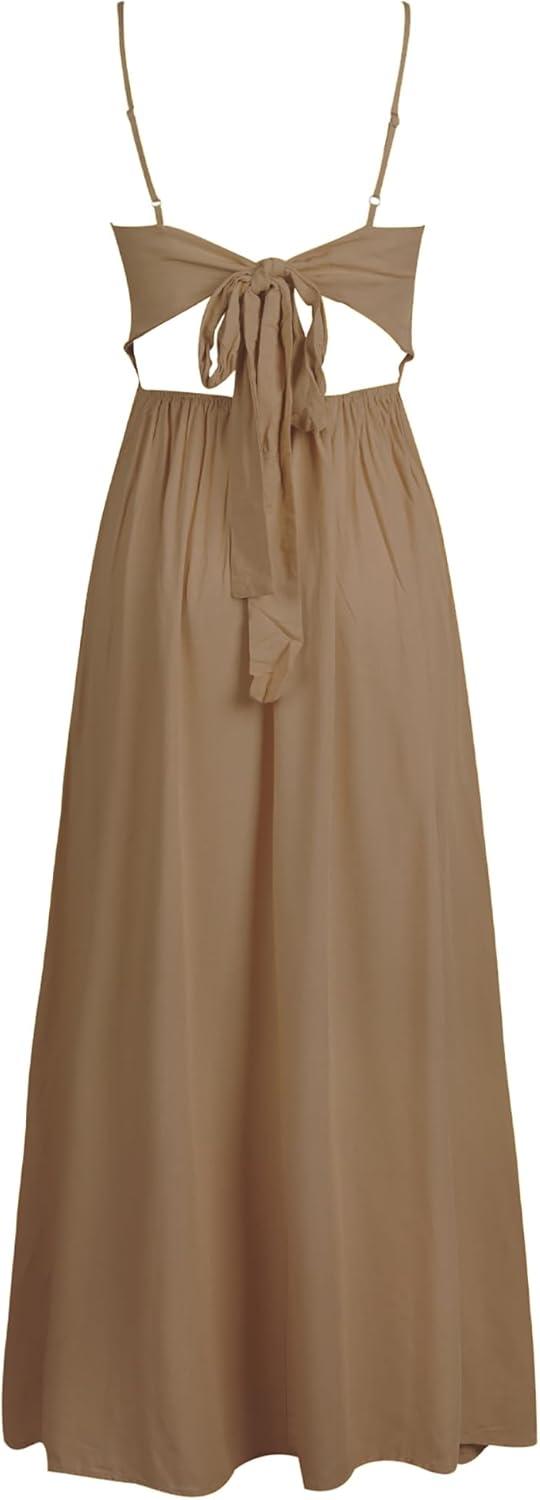imageCUPSHE Women Casual Dress Beach Sleeveless V Neck Summer Cutout Spaghetti Straps Formal Maxi Sun DressesCoffee