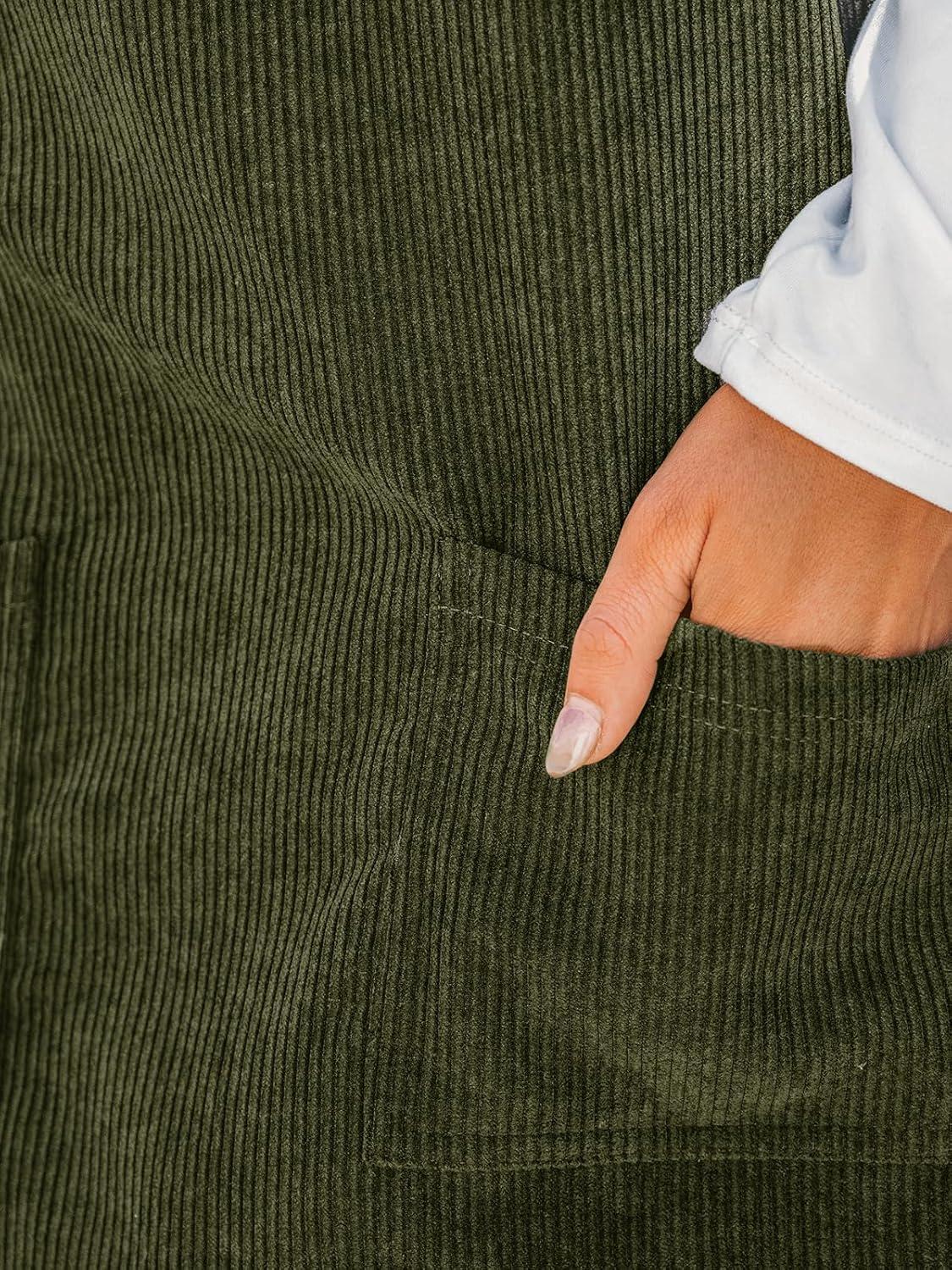 imageCUPSHE Women Corduroy Fall Dresses Front Bib Pocket Square Neck Wide Strap Casual Overall Mini DressOlive Green