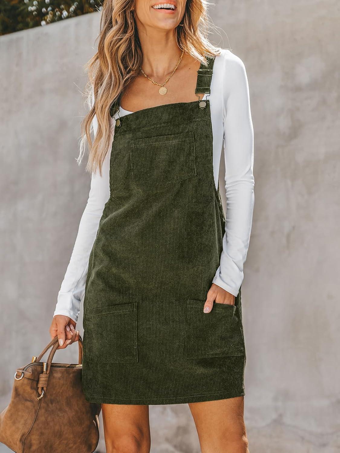 imageCUPSHE Women Corduroy Fall Dresses Front Bib Pocket Square Neck Wide Strap Casual Overall Mini DressOlive Green