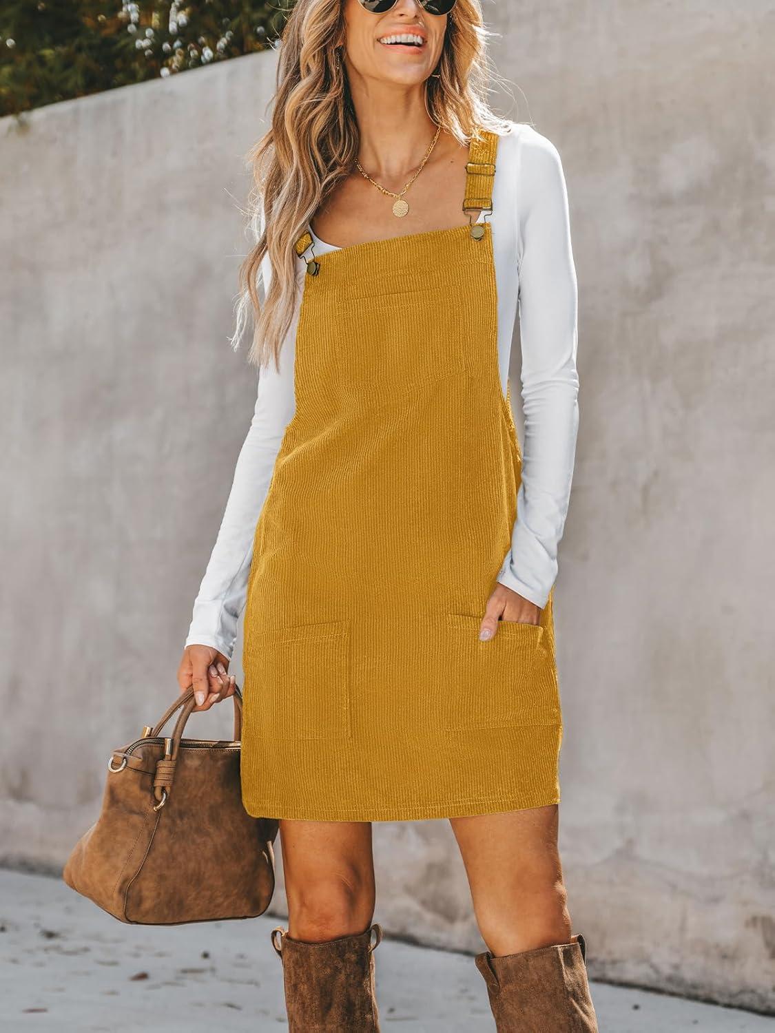imageCUPSHE Women Corduroy Fall Dresses Front Bib Pocket Square Neck Wide Strap Casual Overall Mini DressYellow