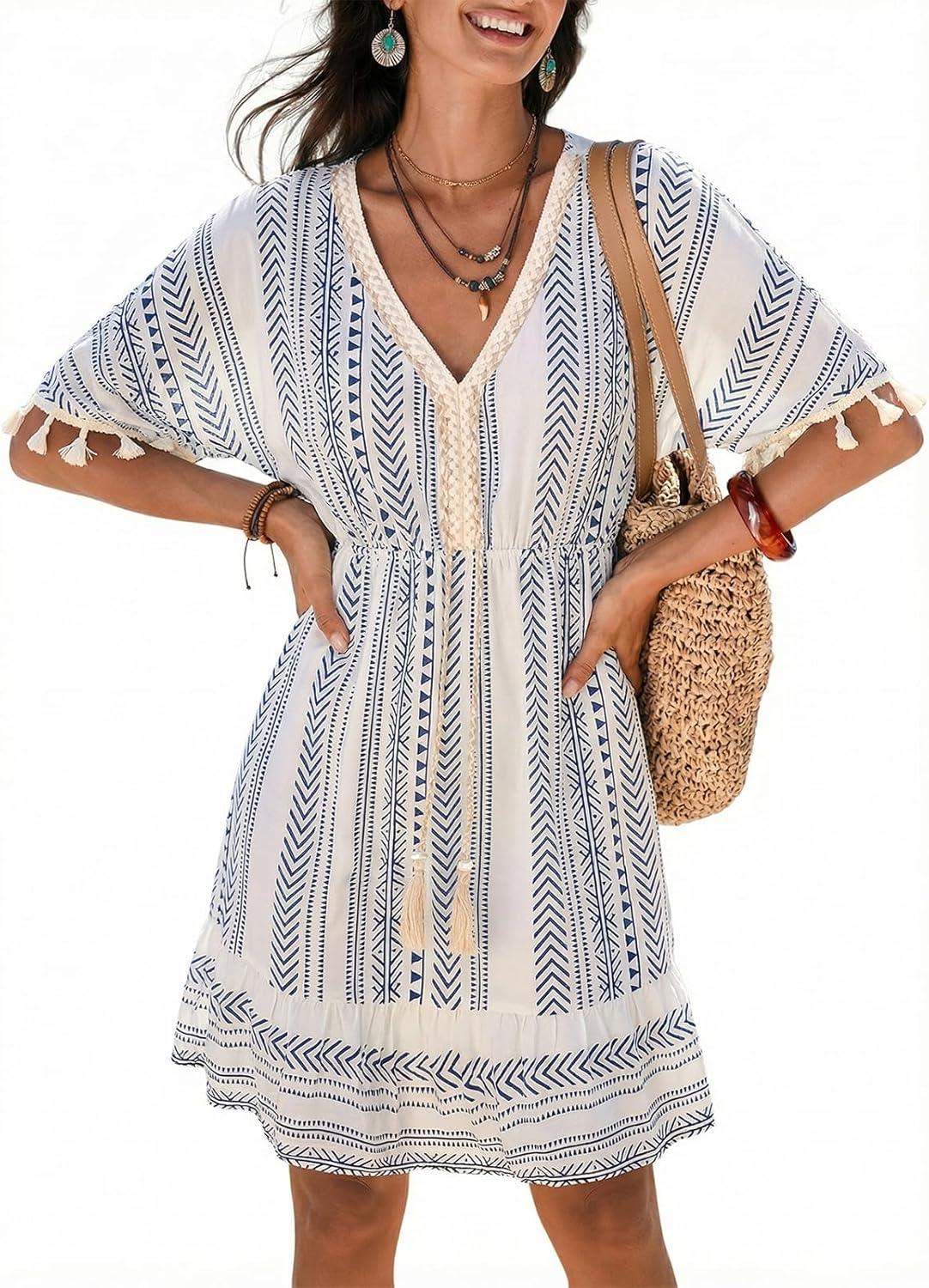 imageCUPSHE Women Tassel Trim Summer Dress V Neck Lace Short Sleeve Paisley Boho Casual Sundress Holiday Beach Mini DressBlue Geometric