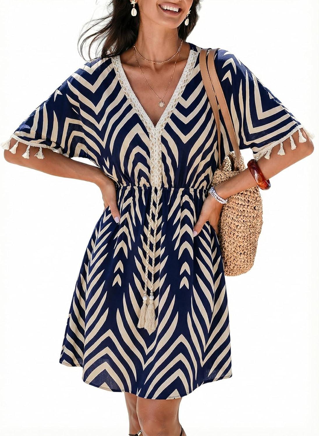 imageCUPSHE Women Tassel Trim Summer Dress V Neck Lace Short Sleeve Paisley Boho Casual Sundress Holiday Beach Mini DressNavy Blue Chevron