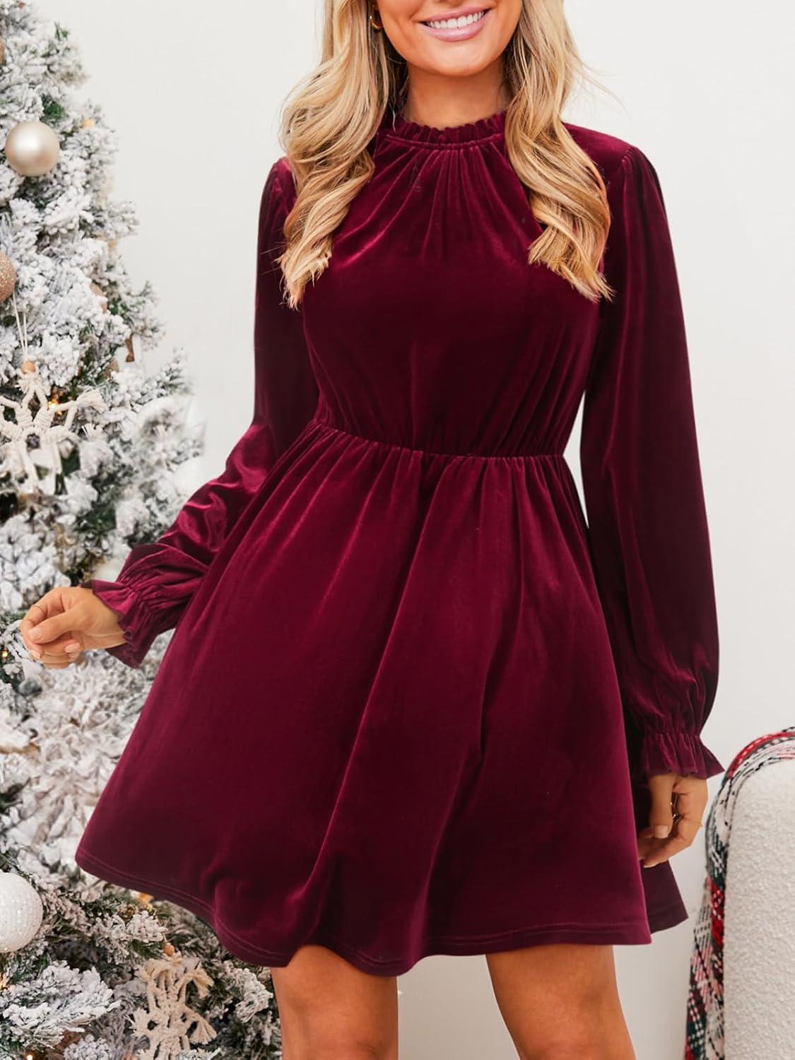 imageCUPSHE Womens Fall Dresses 2025 High Neck Long Sleeve Mini Party Ruffled Casual Tunic Velvet Wedding Guest DressBurgundy
