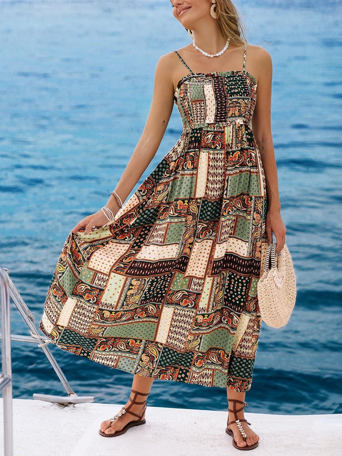 imageCUPSHE Womens Maxi Dress Ditsy Floral Smocked Summer Sundress Sleeveless Ruffled Spaghetti Straps Long Beach Formal DressLight Green Paisley