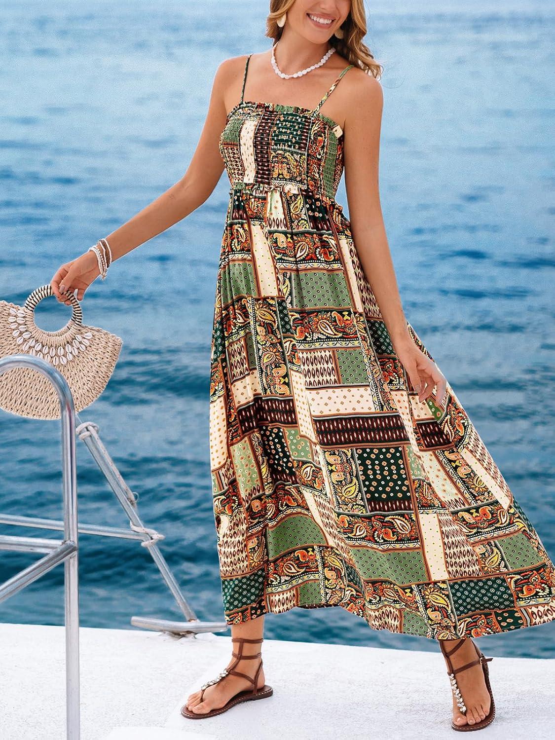 imageCUPSHE Womens Maxi Dress Ditsy Floral Smocked Summer Sundress Sleeveless Ruffled Spaghetti Straps Long Beach Formal DressLight Green Paisley