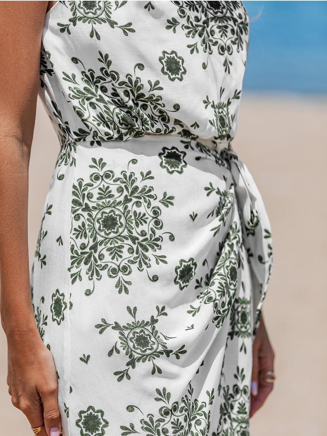 imageCUPSHE Womens One Shoulder Leaf Print Selftie Short Dress Sleeveless Tiered Hem Formal Dress Casual Mini DressDark Green Paisley