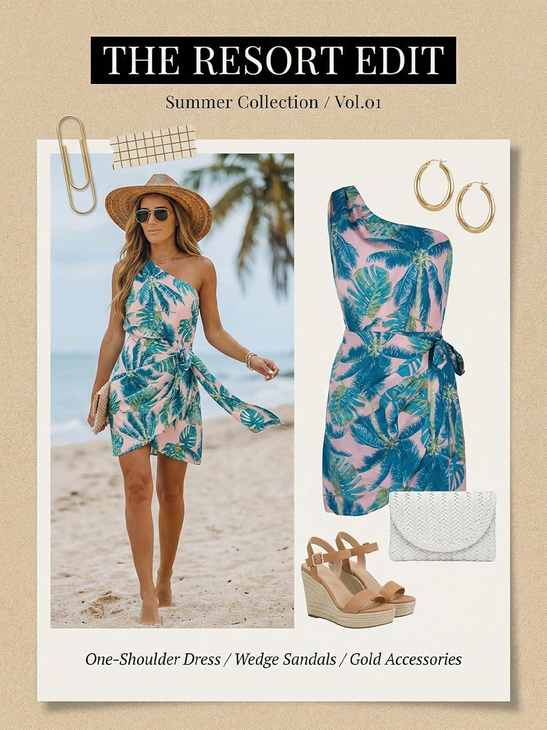 imageCUPSHE Womens One Shoulder Leaf Print Selftie Short Dress Sleeveless Tiered Hem Formal Dress Casual Mini DressGreen Leaf