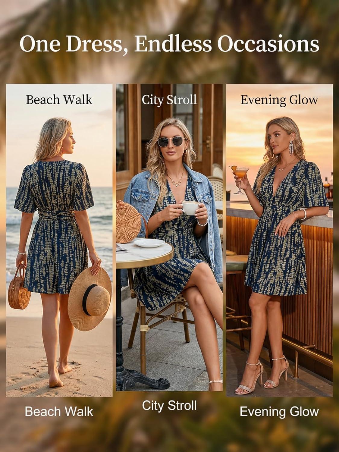 imageCUPSHE Womens Summer Dresses Abstract Plunging V Neck Short Sleeve Elastic Waist Mini DressNavy Blue