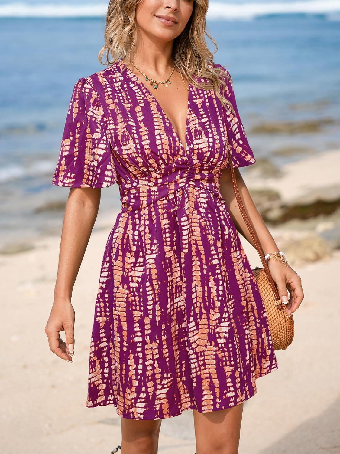 imageCUPSHE Womens Summer Dresses Abstract Plunging V Neck Short Sleeve Elastic Waist Mini DressRed