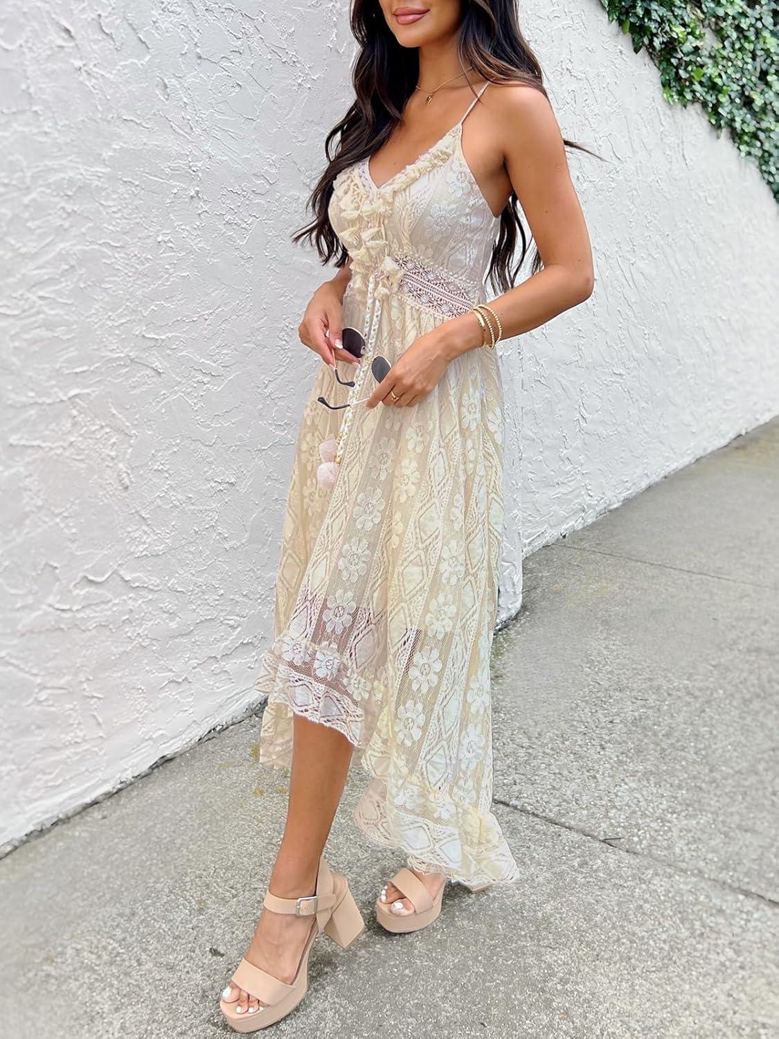 imageCUPSHE Womens Summer Dresses Sleeveless Lace Casual Tassel Beach Spaghetti Straps Flowy Maxi Sun DressBeige