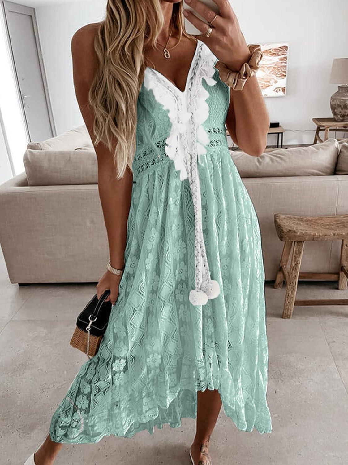 imageCUPSHE Womens Summer Dresses Sleeveless Lace Casual Tassel Beach Spaghetti Straps Flowy Maxi Sun DressMint Green