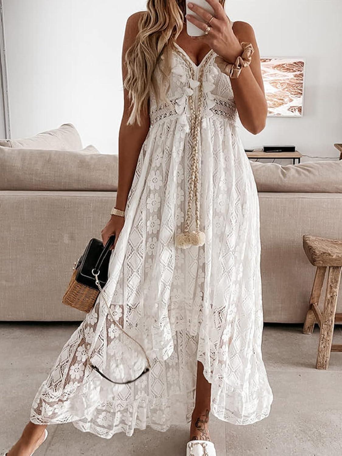 imageCUPSHE Womens Summer Dresses Sleeveless Lace Casual Tassel Beach Spaghetti Straps Flowy Maxi Sun DressWhite