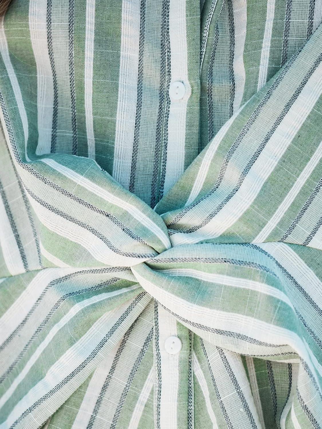imageCUPSHE Womens Summer Striped Mini Dress Short Sleeve Button Down Collar Shirt Dress Twist Front Linen DressGreen White