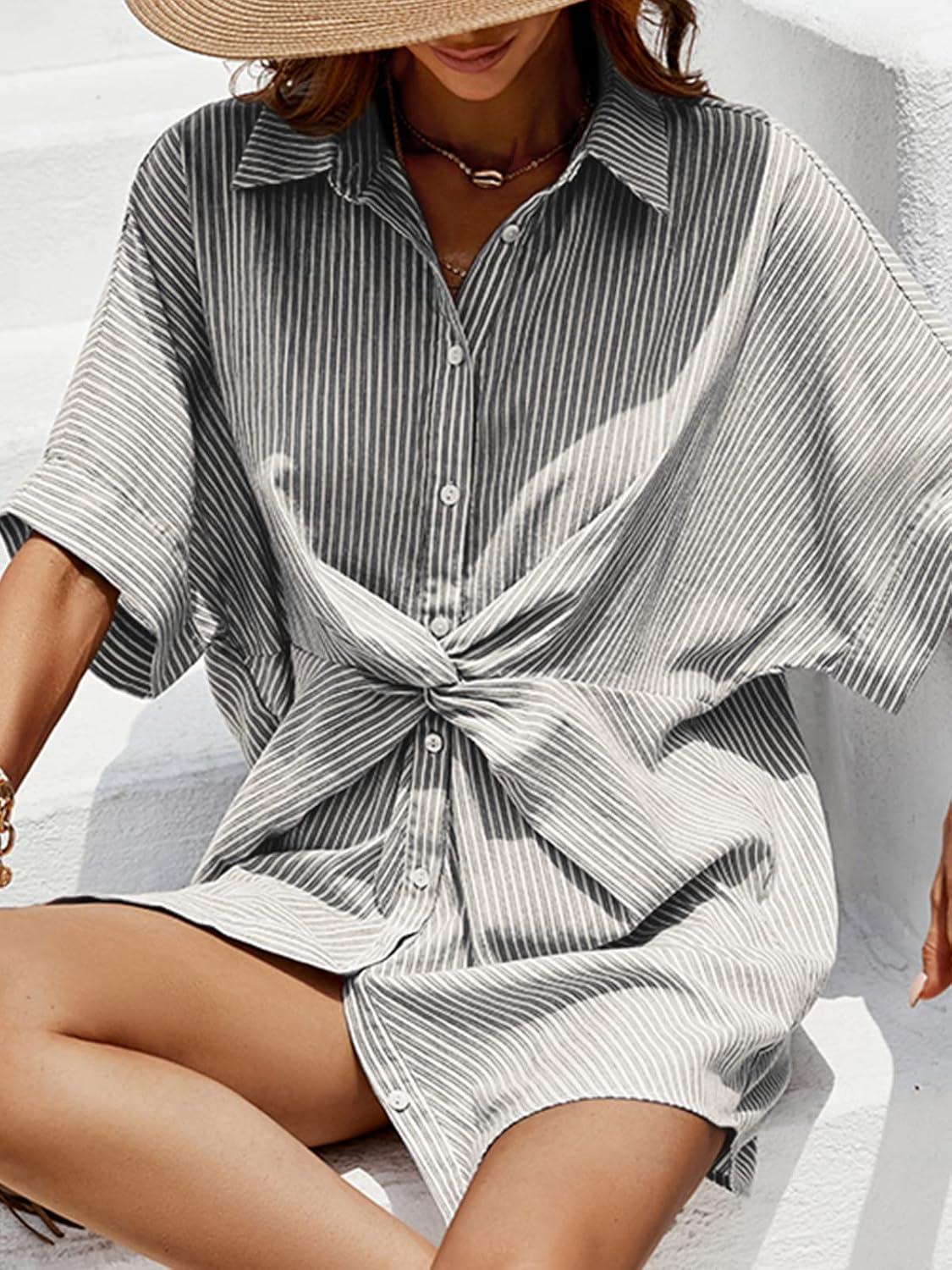 imageCUPSHE Womens Summer Striped Mini Dress Short Sleeve Button Down Collar Shirt Dress Twist Front Linen DressGrey White