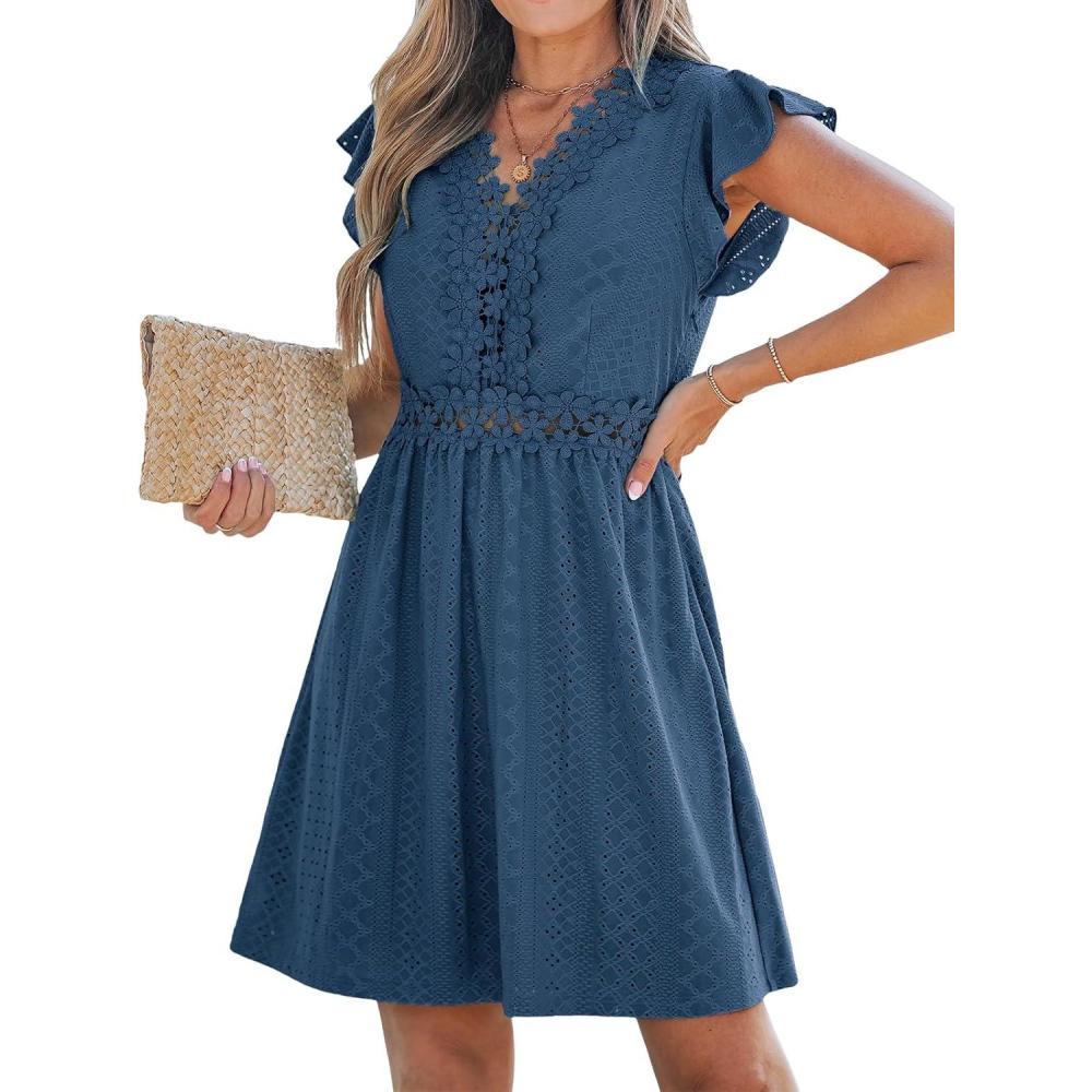 imageCUPSHE Summer Dress for Women Casual Spring V Neck Lace Appliques Cap Sleeves Hollow Out Beach Mini DressNavy Blue