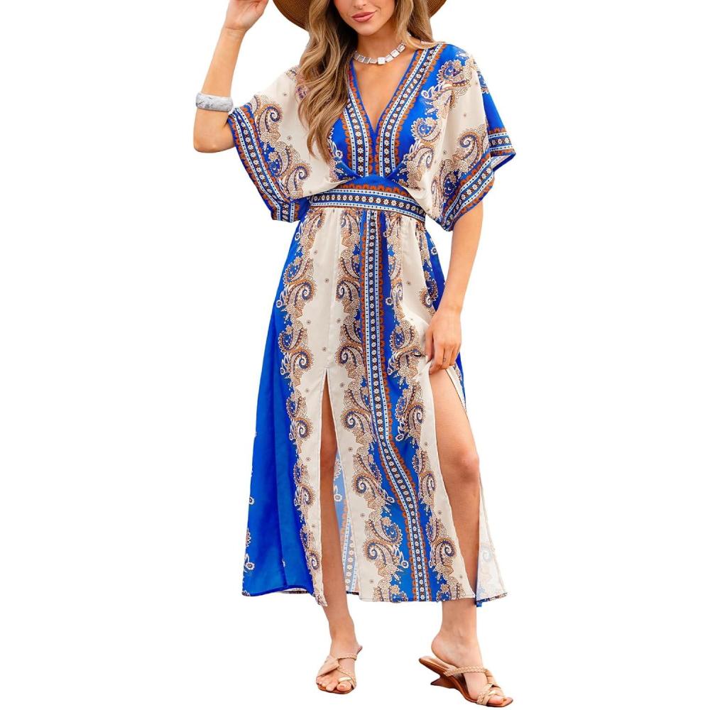 imageCUPSHE Women Boho Maxi Summer Dress Plunging V Half Dolman Sleeve Empired Waist Side Slit Sundress Holiday Beach DressesBlue Beige