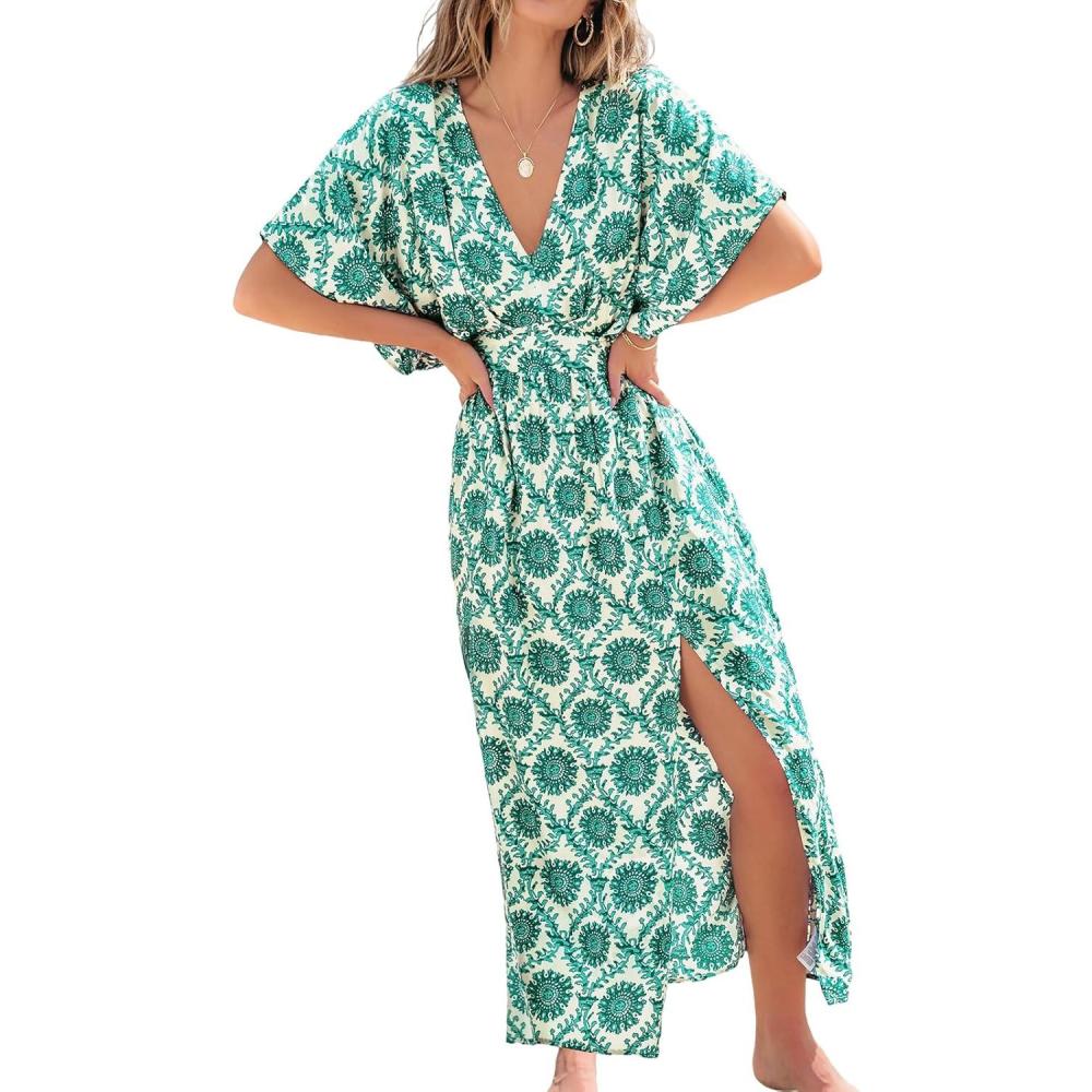 imageCUPSHE Women Boho Maxi Summer Dress Plunging V Half Dolman Sleeve Empired Waist Side Slit Sundress Holiday Beach DressesGreen