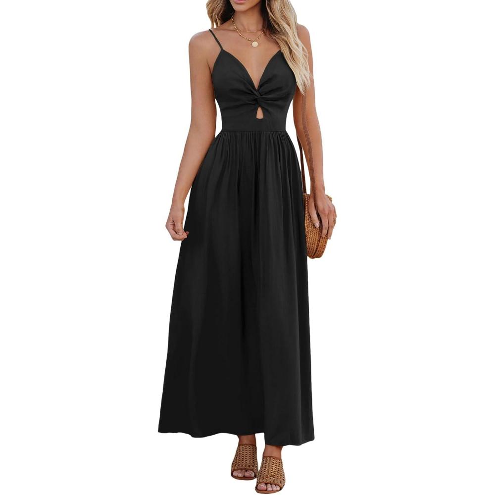 imageCUPSHE Women Casual Dress Beach Sleeveless V Neck Summer Cutout Spaghetti Straps Formal Maxi Sun DressesBlack